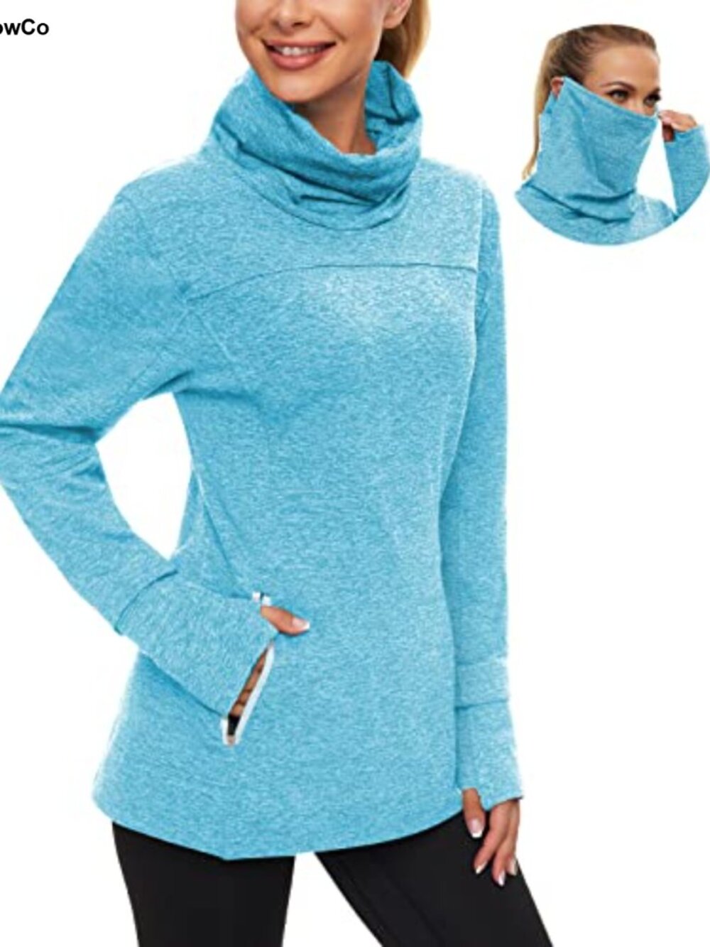 Women's Running Fleece Sweatshirt Cowl Neck Pullover Thumb Holes Neck Gaiter